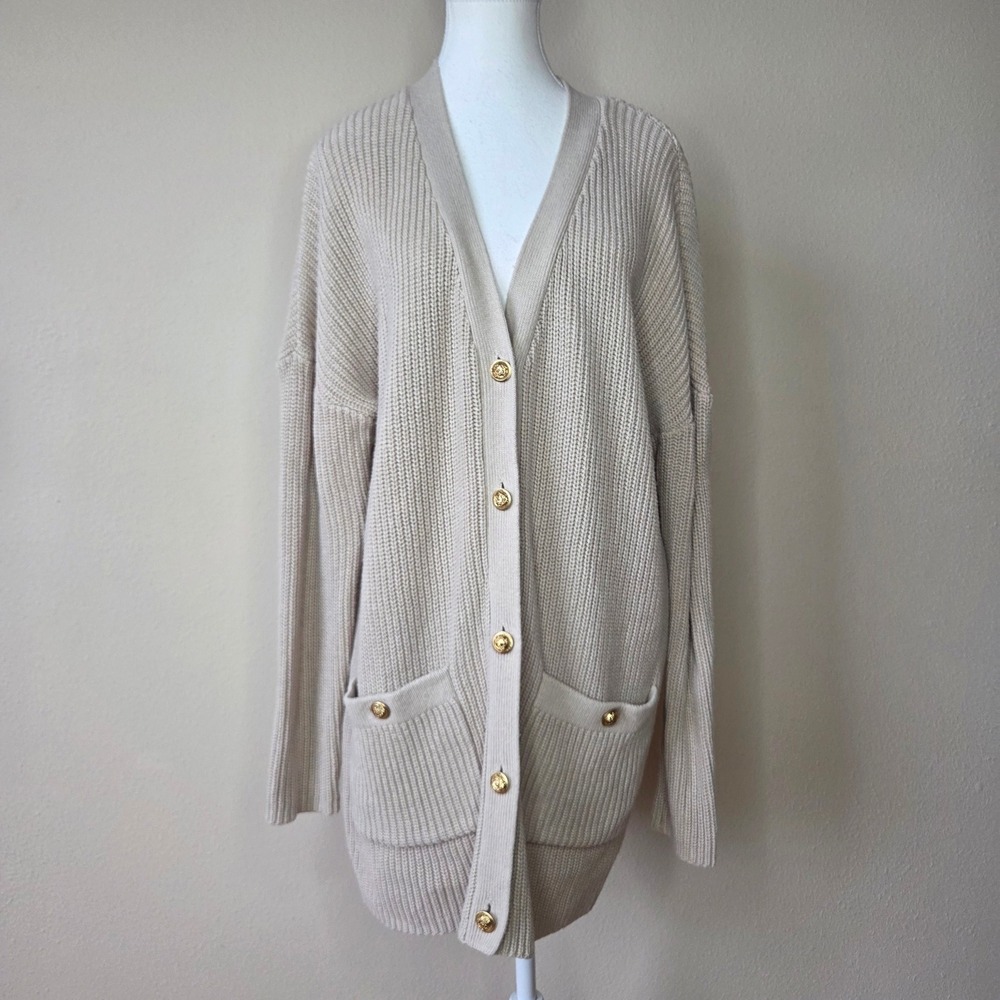 Elie Tahari Womens Beige Chunky Knit Gold Button Cardigan Sweater Medium Preppy